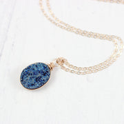 Dark Blue Druzy Oval Rose Gold Pendant Necklace