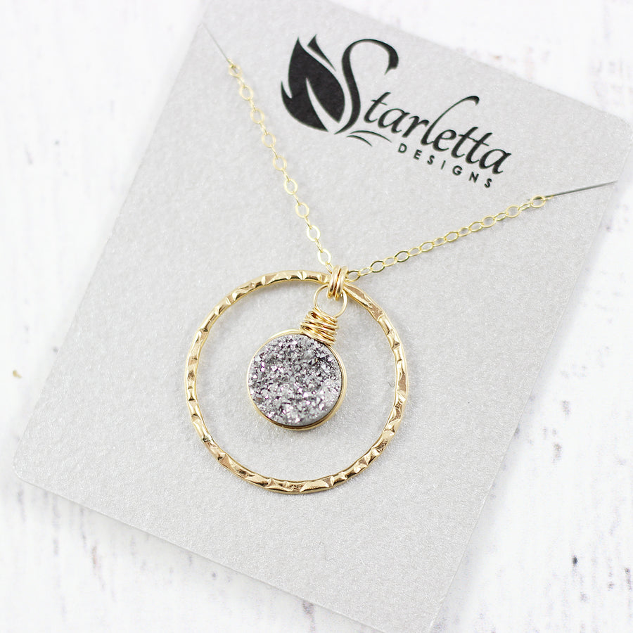 Silver Druzy Yellow Gold Pendant Necklace