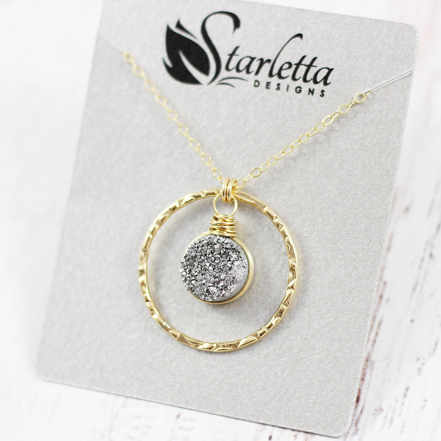 Silver Druzy Yellow Gold Pendant Necklace