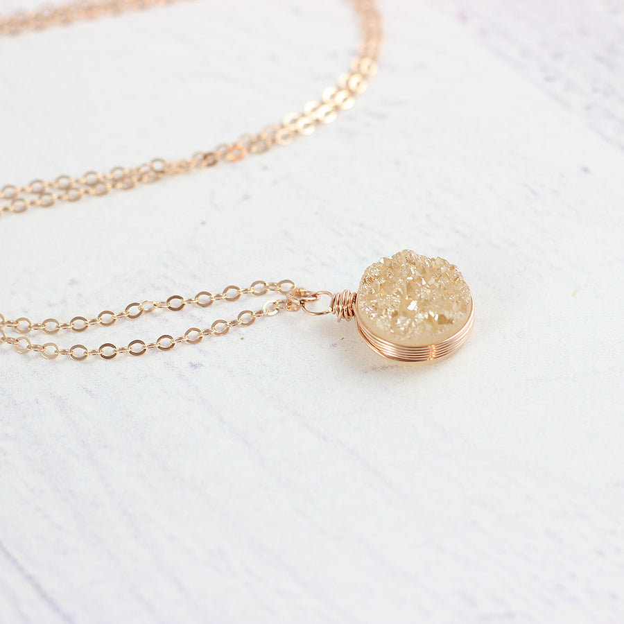 Champagne Druzy Rose Gold Circle Necklace