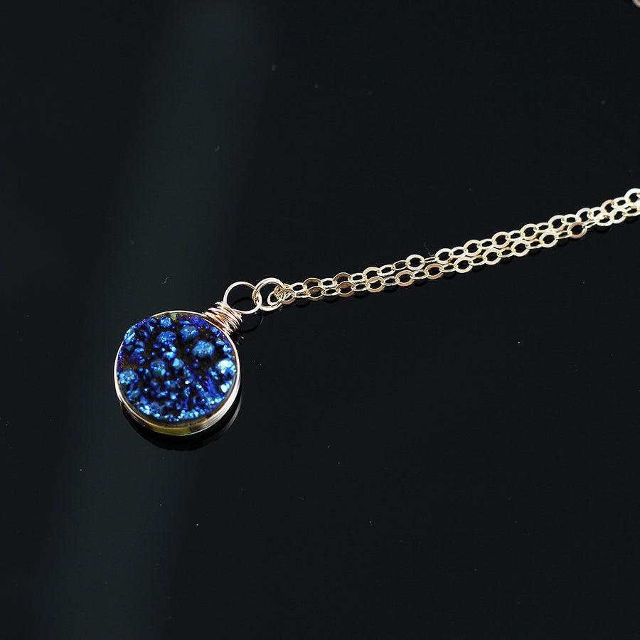 Dark Blue Druzy Rose Gold Circle Necklace