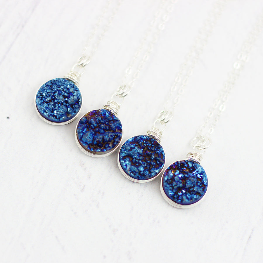 Dark Blue Druzy Silver Circle Necklace