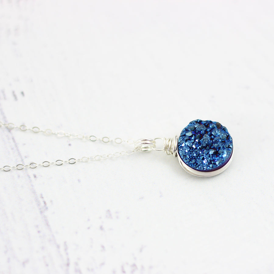 Dark Blue Druzy Silver Circle Necklace