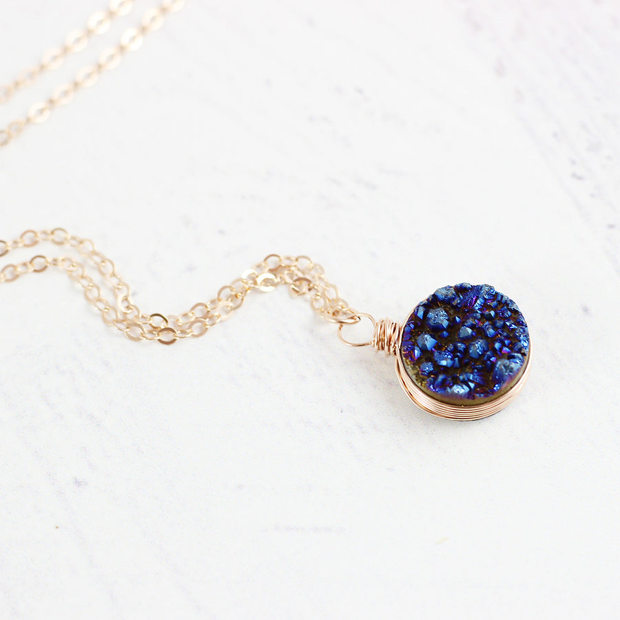 Dark Blue Druzy Rose Gold Circle Necklace