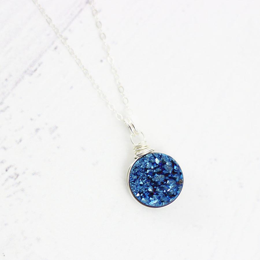 Dark Blue Druzy Silver Circle Necklace
