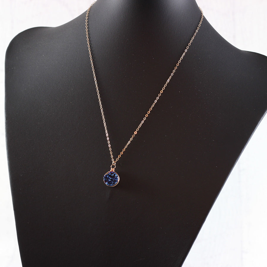 Dark Blue Druzy Rose Gold Circle Necklace