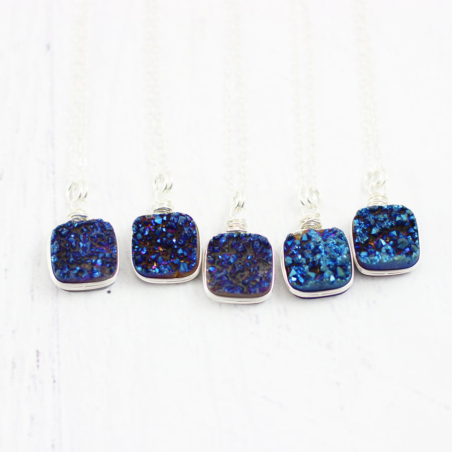 Dark Blue Druzy Sterling Silver Square Necklace