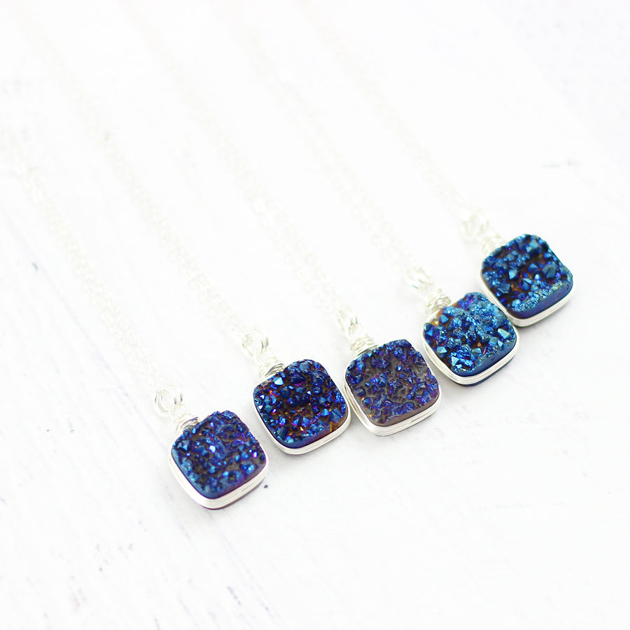 Dark Blue Druzy Sterling Silver Square Necklace