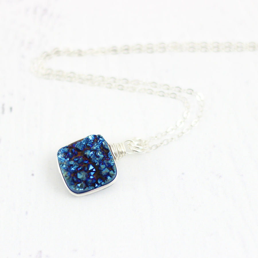 Dark Blue Druzy Sterling Silver Square Necklace