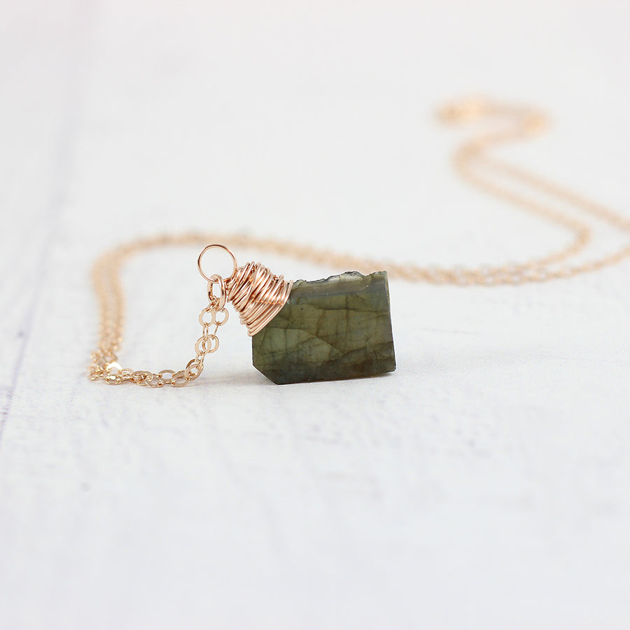 Raw Labradorite Rose Gold Pendant Necklace