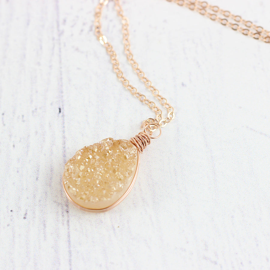 Champagne Druzy Rose Gold Teardrop Necklace