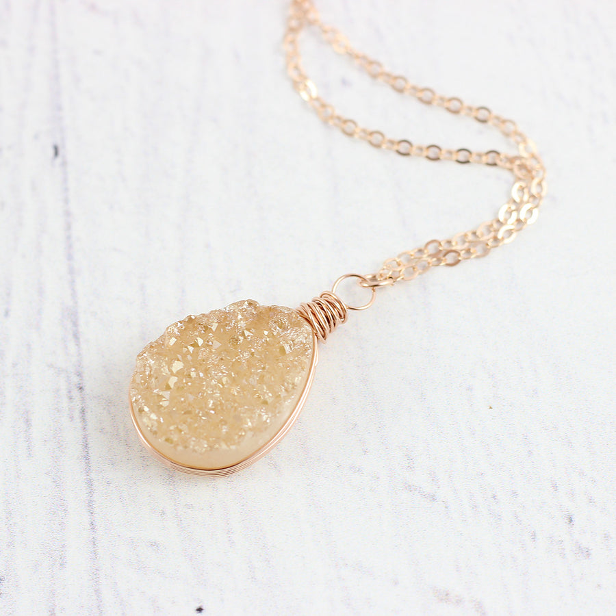 Champagne Druzy Rose Gold Teardrop Necklace