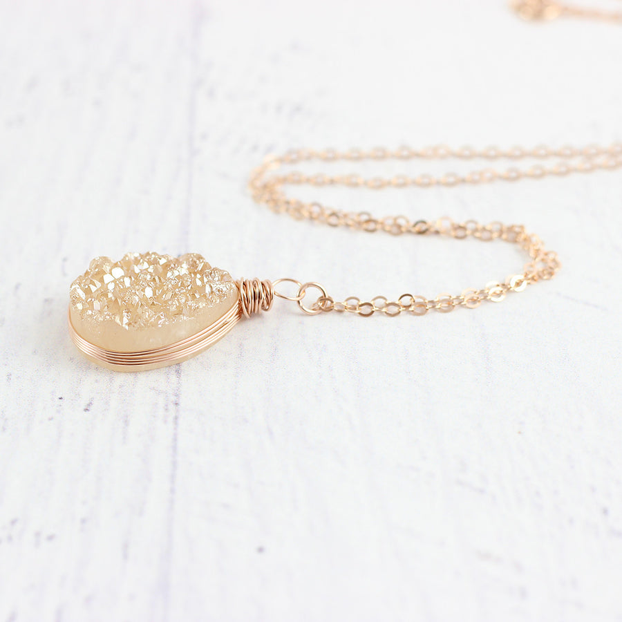 Champagne Druzy Rose Gold Teardrop Necklace