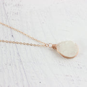 White Druzy Rose Gold Teardrop Necklace