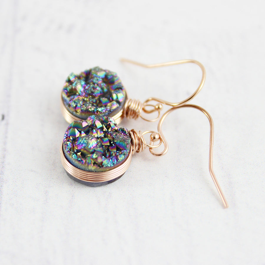 Rainbow Druzy Geode Rose Gold Circle Earrings