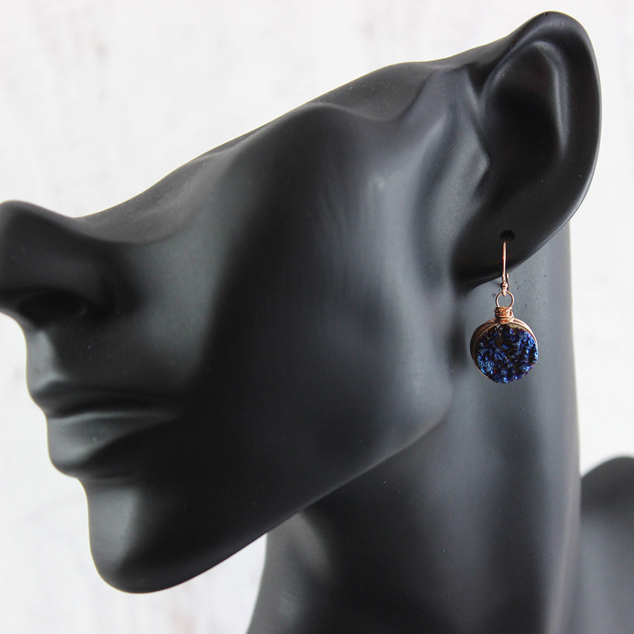 Dark Blue Druzy Rose Gold Circle Earrings