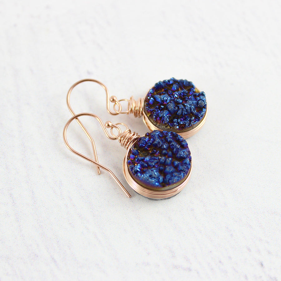 Dark Blue Druzy Rose Gold Circle Earrings