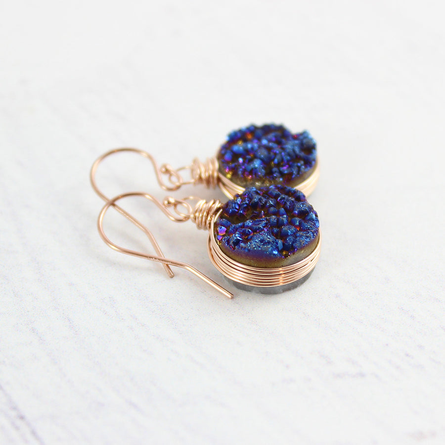 Dark Blue Druzy Rose Gold Circle Earrings