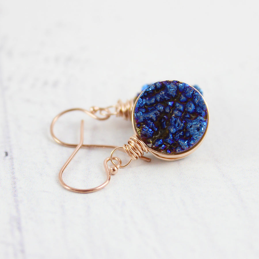 Dark Blue Druzy Rose Gold Circle Earrings