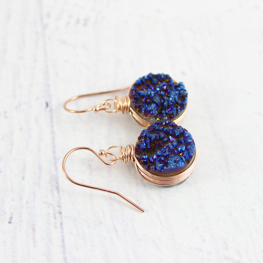 Dark Blue Druzy Rose Gold Circle Earrings