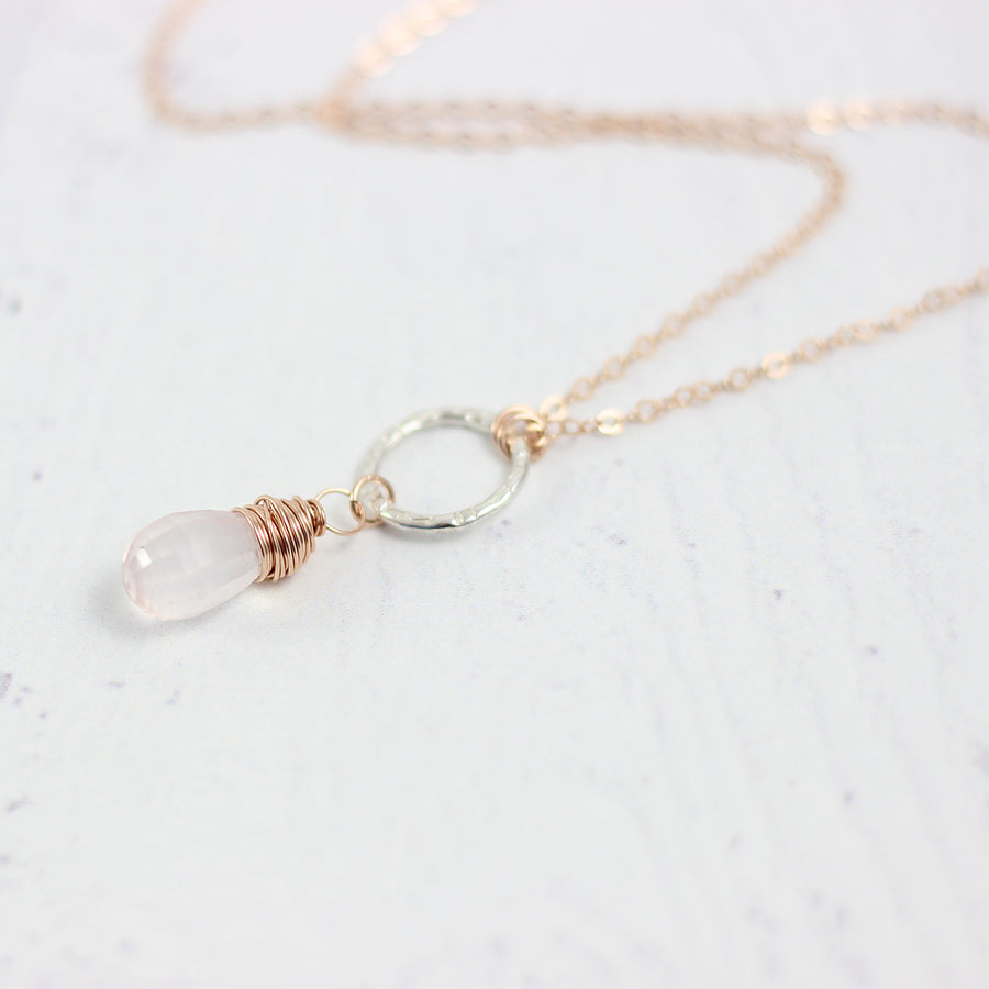 Pink Rose Quartz Mixed Metal Necklace in Sterling Silver and Rose Gold