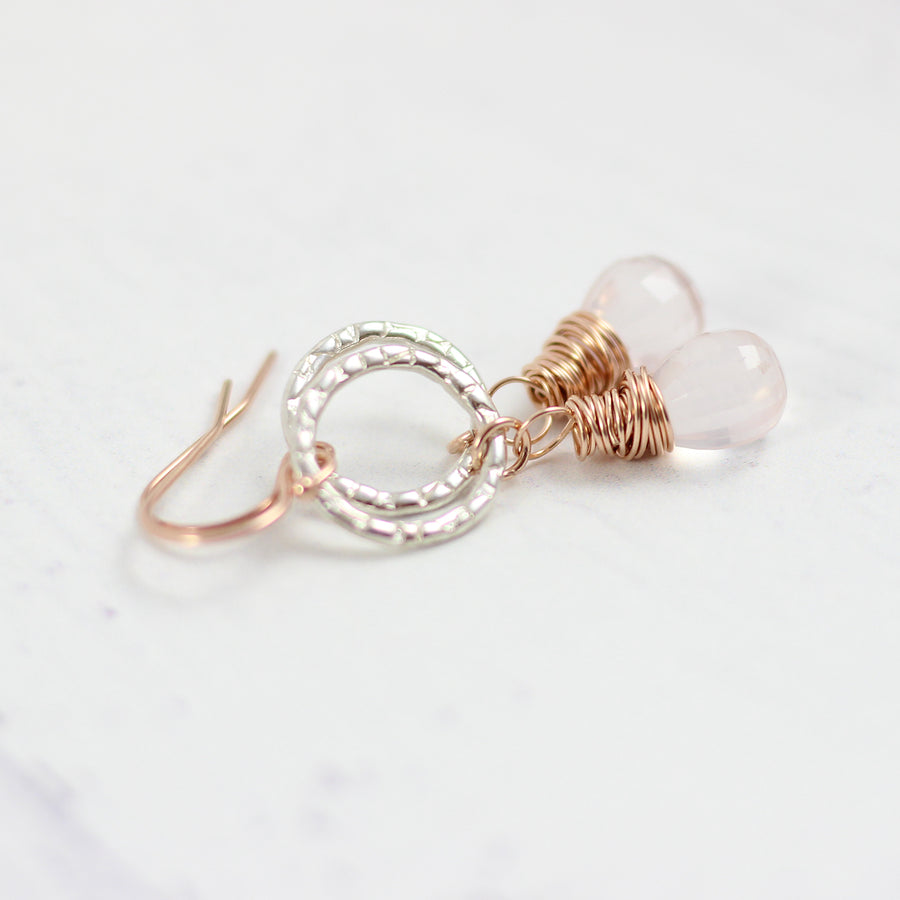 Pink Rose Quartz Mixed Metal Earrings in Sterling Silver and Rose Gold