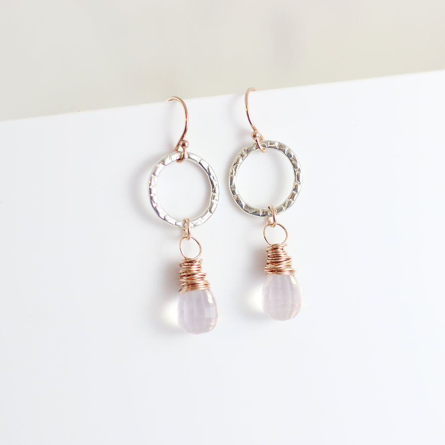 Pink Rose Quartz Mixed Metal Earrings in Sterling Silver and Rose Gold