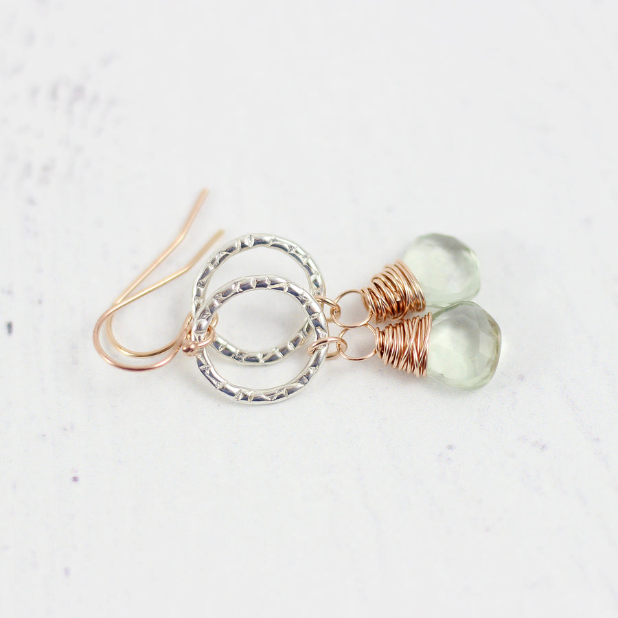 Green Amethyst Dangle Earrings in Sterling Silver and Rose Gold