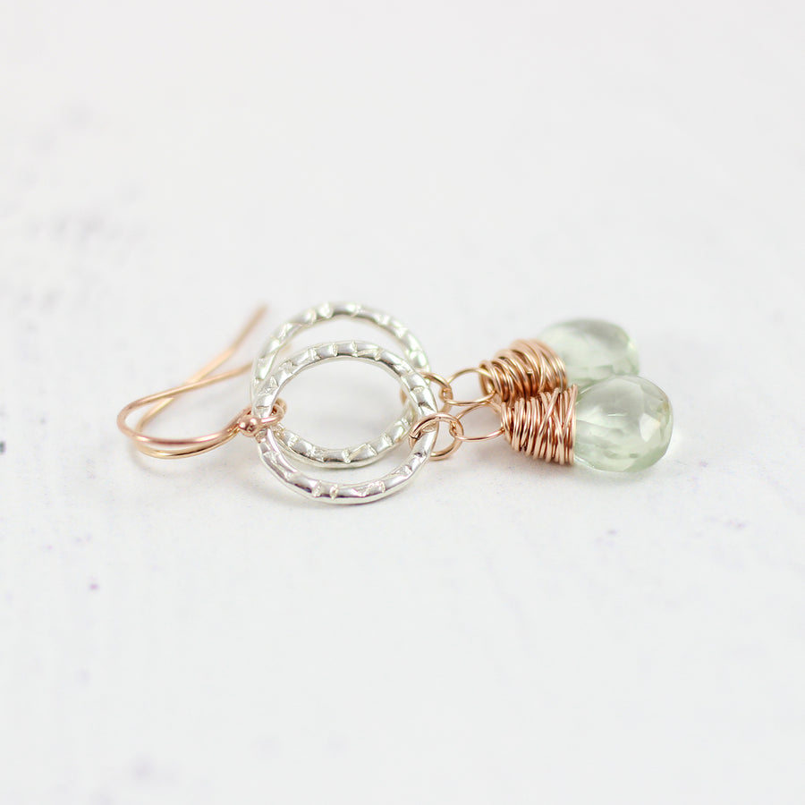 Green Amethyst Dangle Earrings in Sterling Silver and Rose Gold