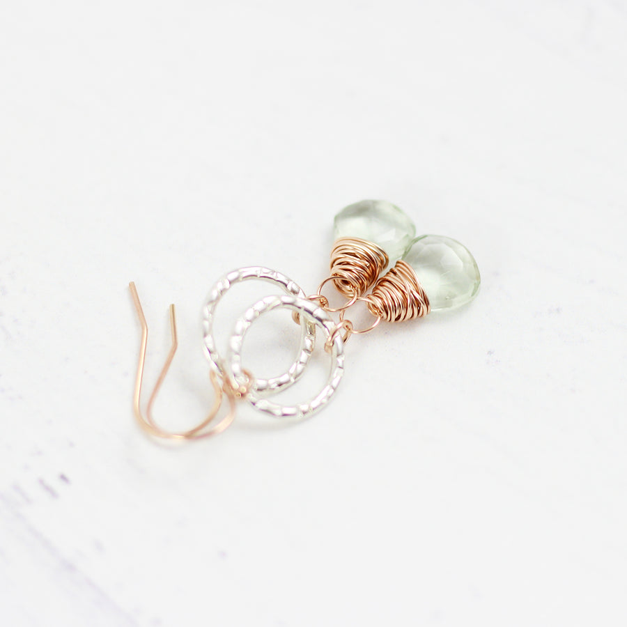 Green Amethyst Dangle Earrings in Sterling Silver and Rose Gold