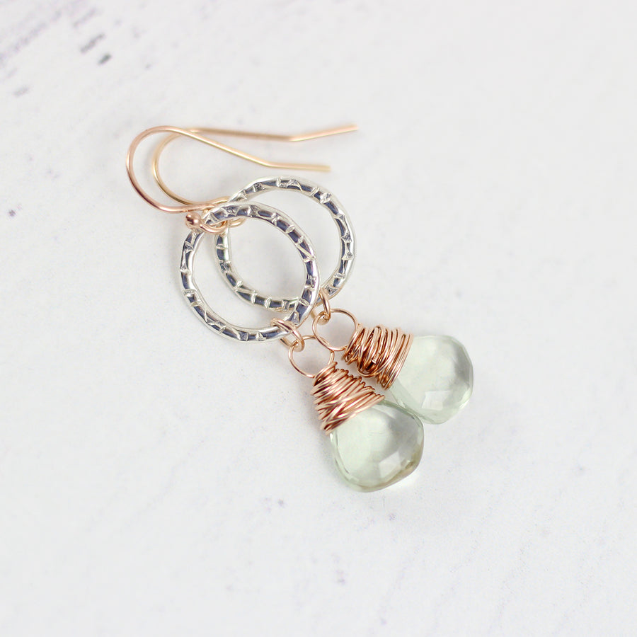 Green Amethyst Dangle Earrings in Sterling Silver and Rose Gold