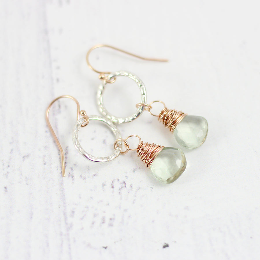 Green Amethyst Dangle Earrings in Sterling Silver and Rose Gold