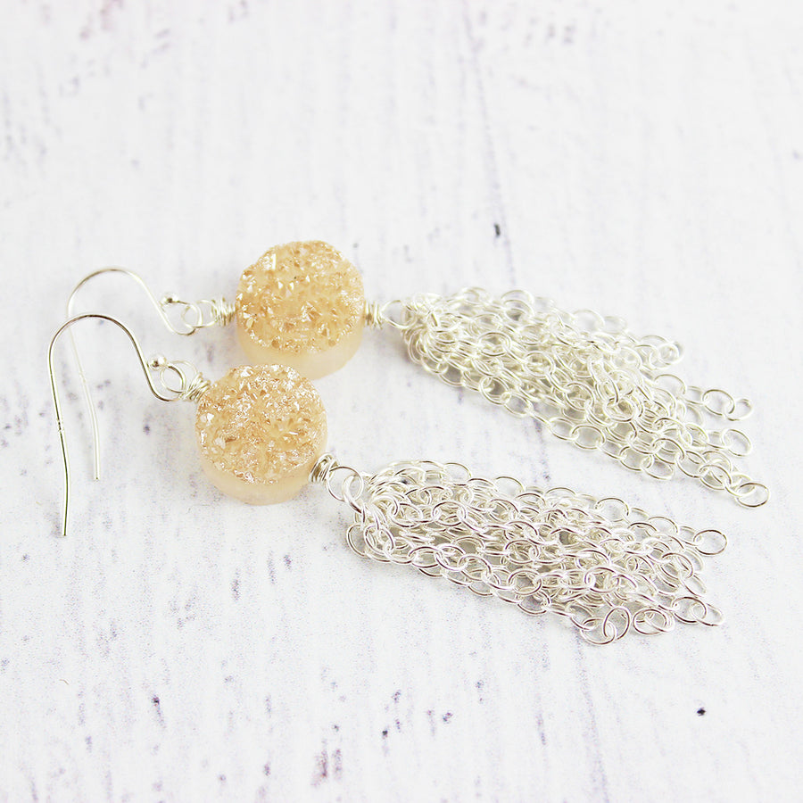 Champagne Druzy Silver Tassel Earrings
