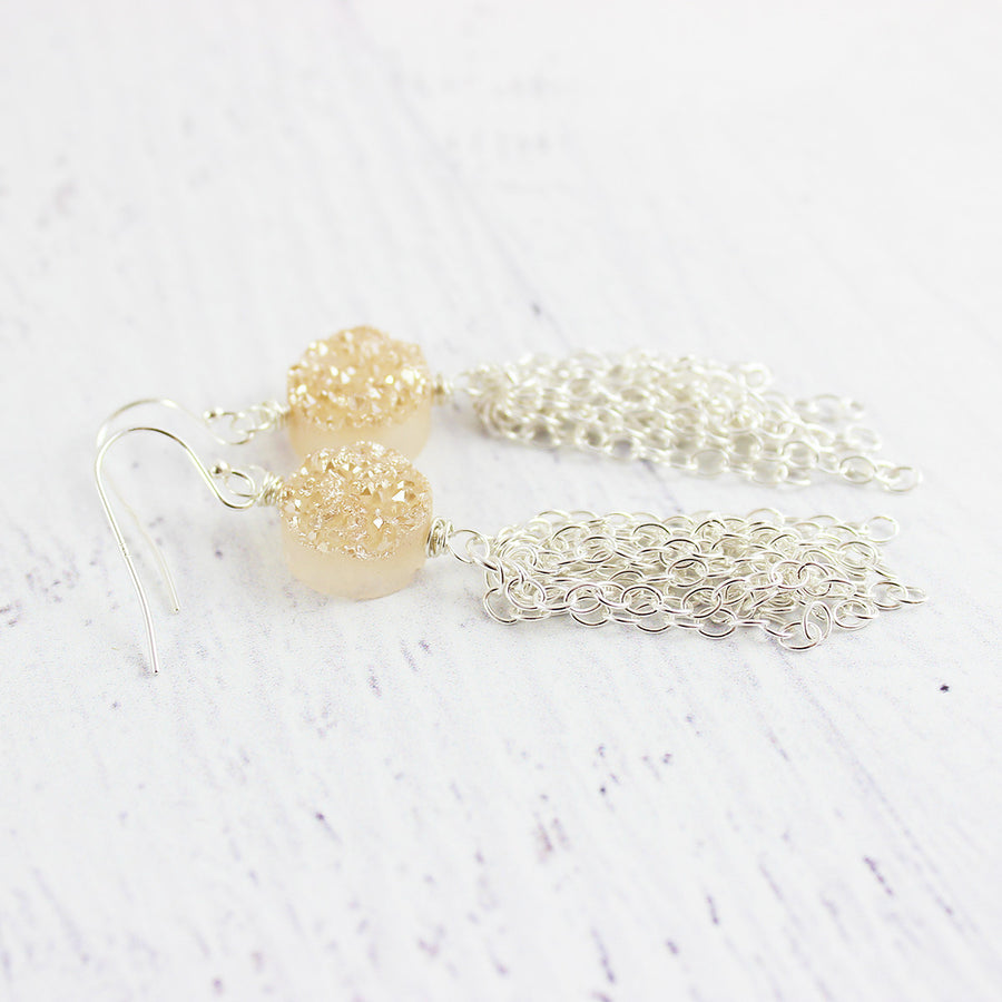 Champagne Druzy Silver Tassel Earrings