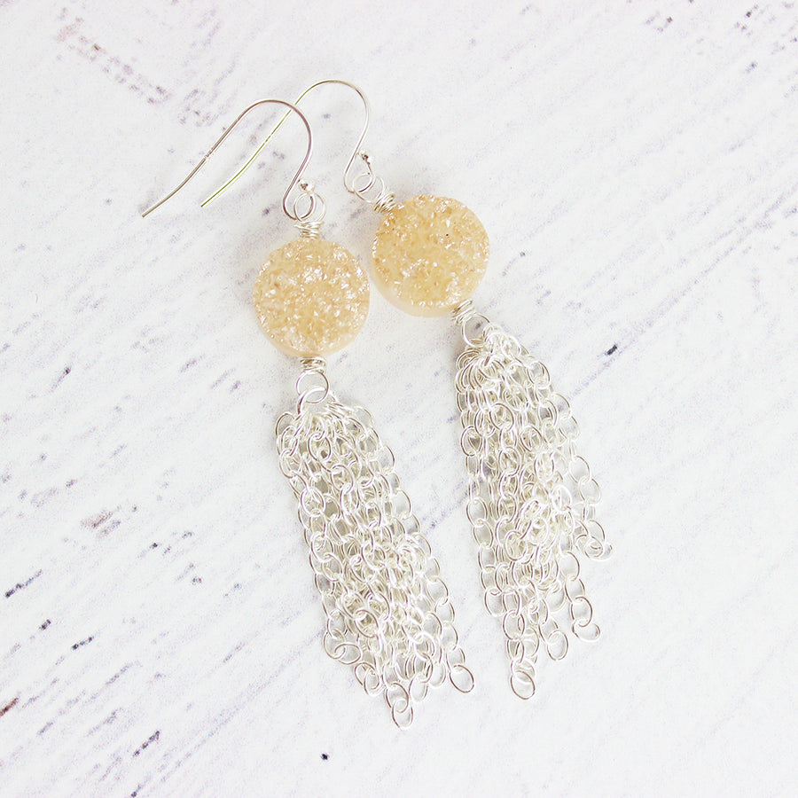 Champagne Druzy Silver Tassel Earrings
