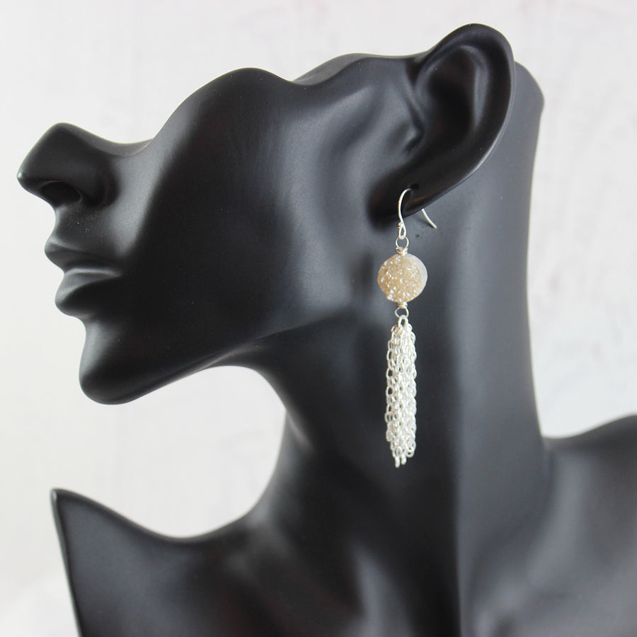 Champagne Druzy Silver Tassel Earrings