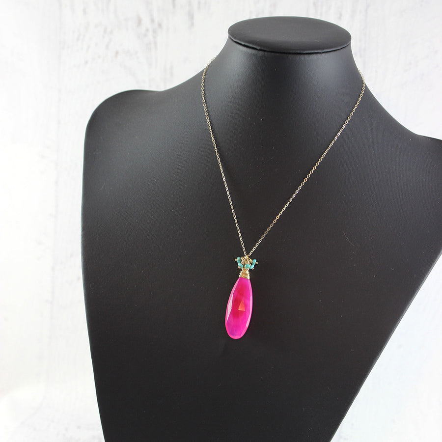 Hot Pink Chalcedony and Turquoise Stone Necklace