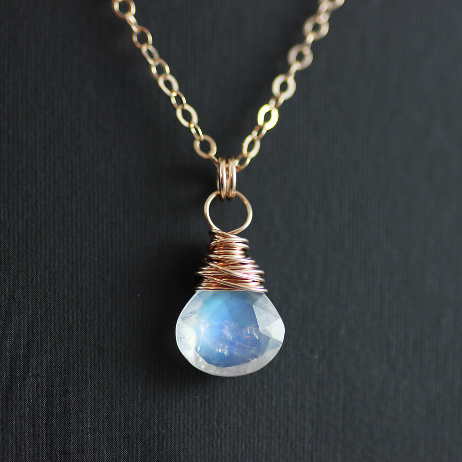 Rainbow Moonstone Small Rose Gold Pendant Necklace