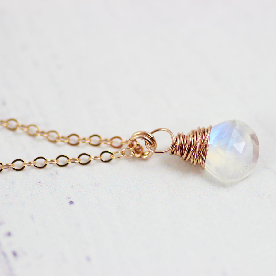 Rainbow Moonstone Small Rose Gold Pendant Necklace