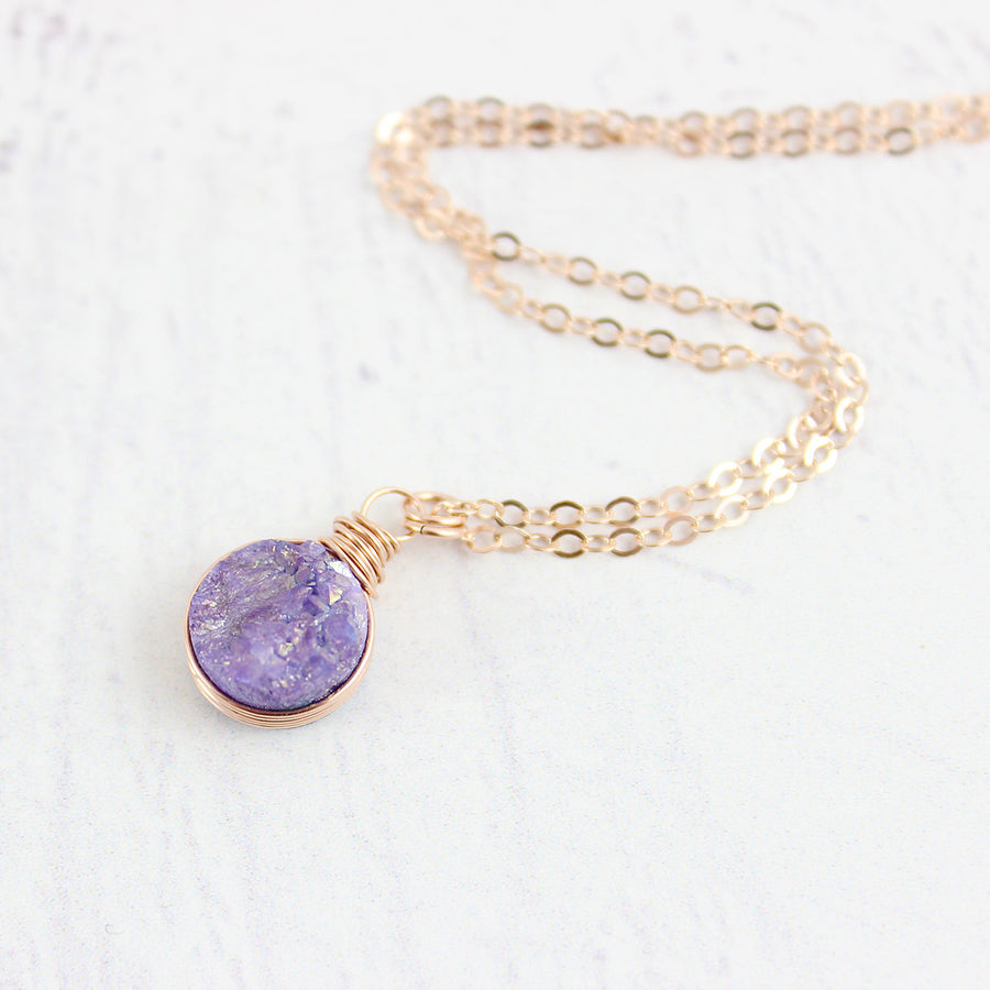 Purple Druzy Rose Gold Circle Necklace