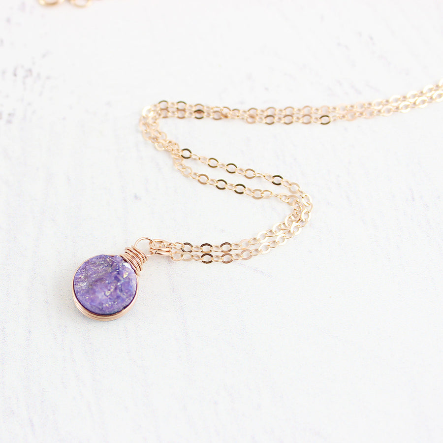 Purple Druzy Rose Gold Circle Necklace