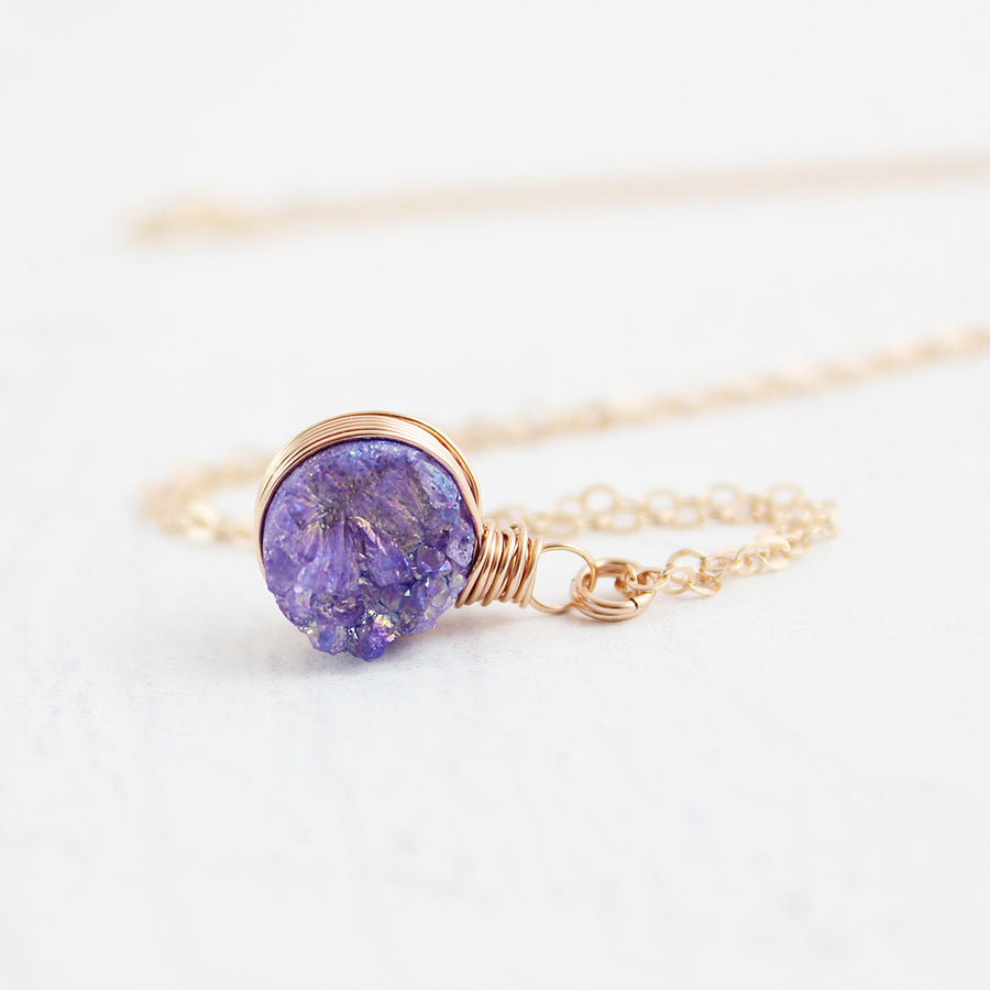 Purple Druzy Rose Gold Circle Necklace