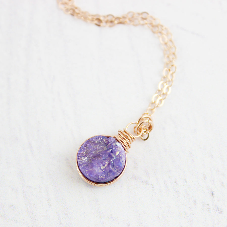 Purple Druzy Rose Gold Circle Necklace