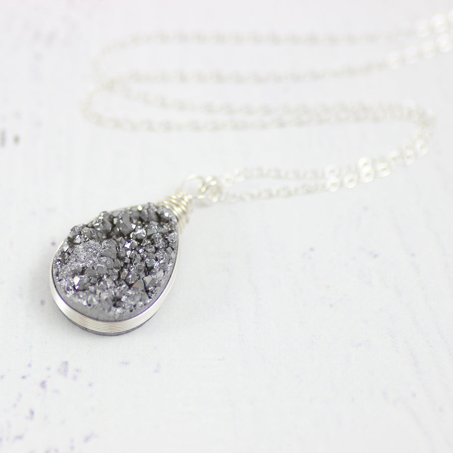 Silver Druzy Geode Teardrop Necklace