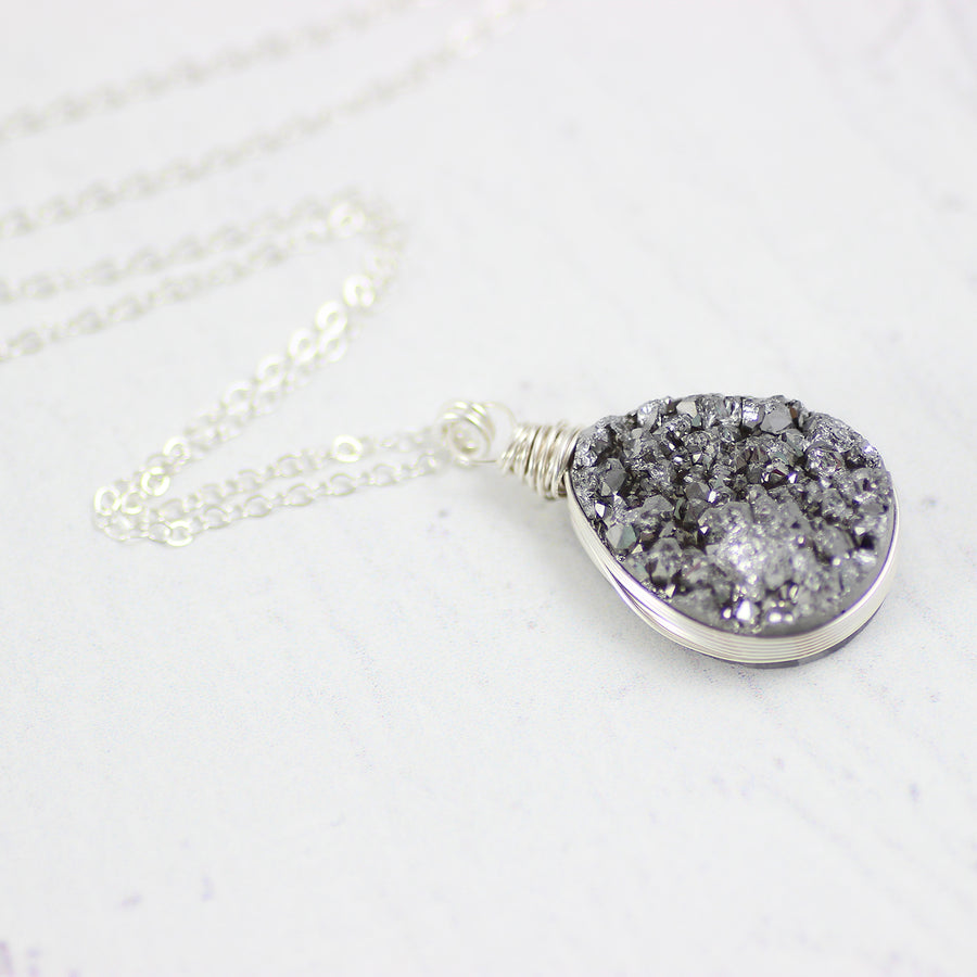 Silver Druzy Geode Teardrop Necklace