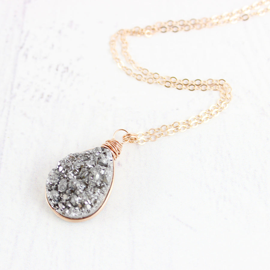 Silver Rose Gold Druzy Teardrop Necklace