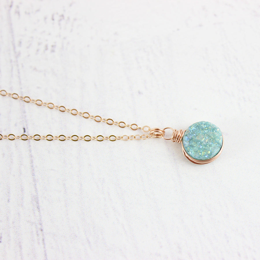 Light Green Druzy Rose Gold Circle Necklace