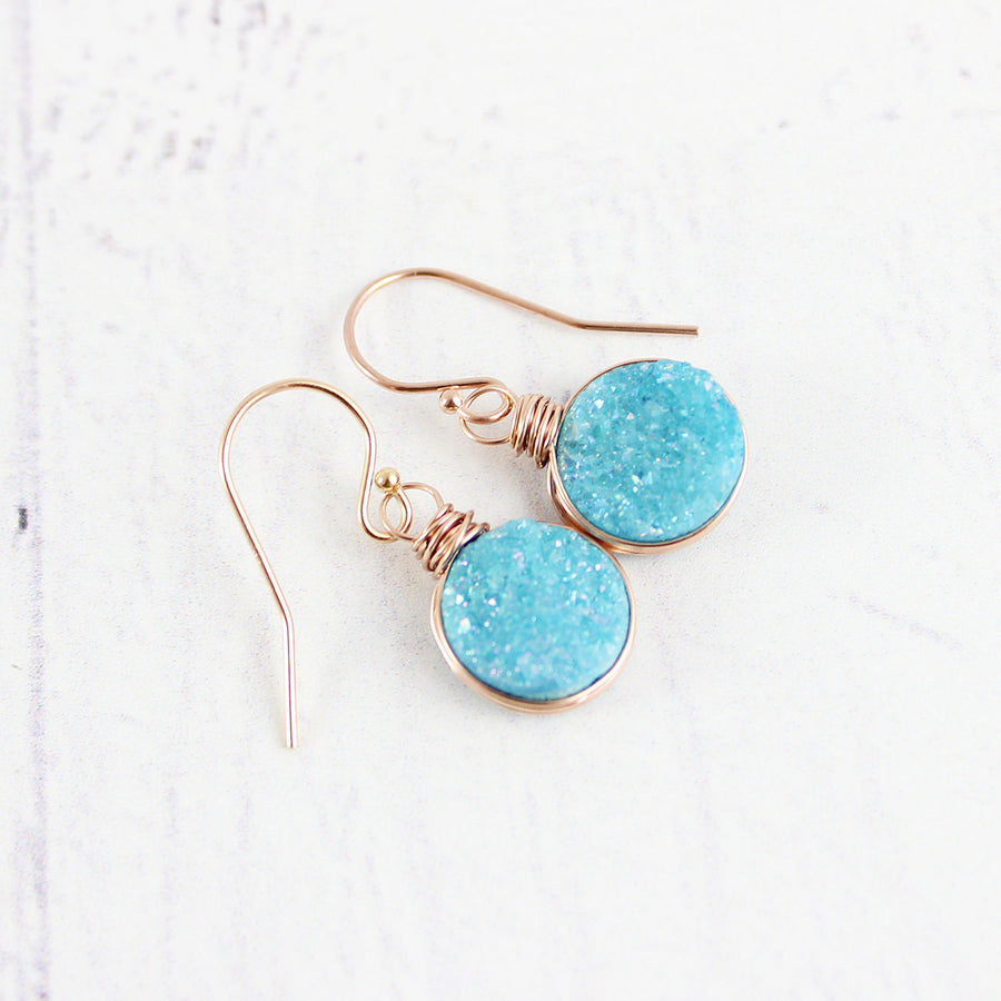 Sky Blue Druzy Rose Gold Circle Earrings