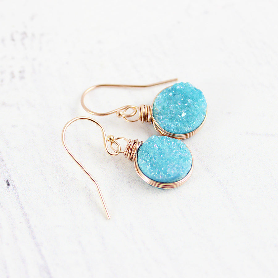 Sky Blue Druzy Rose Gold Circle Earrings