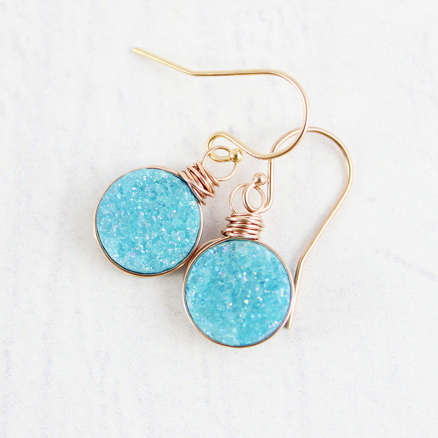 Sky Blue Druzy Rose Gold Circle Earrings